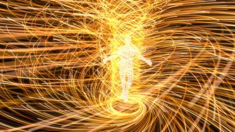 Artificial intelligence figure in the center of yellow energy vortex. 3d Stock Illustration