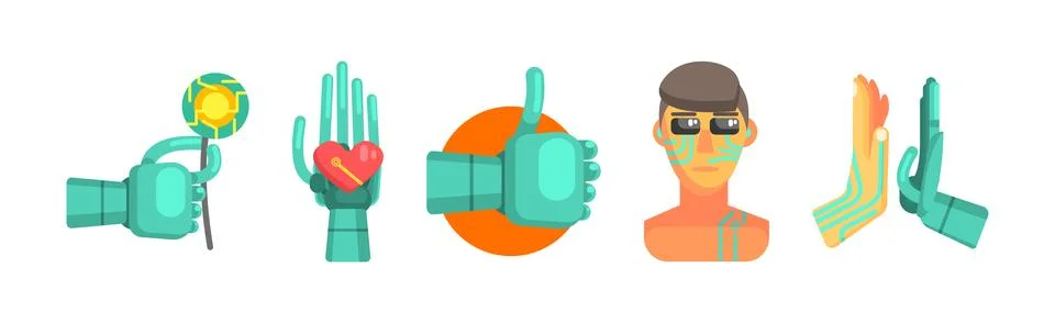 Artificial Intelligence Flat Icon and Robotic Object Vector Set 스톡 일러스트