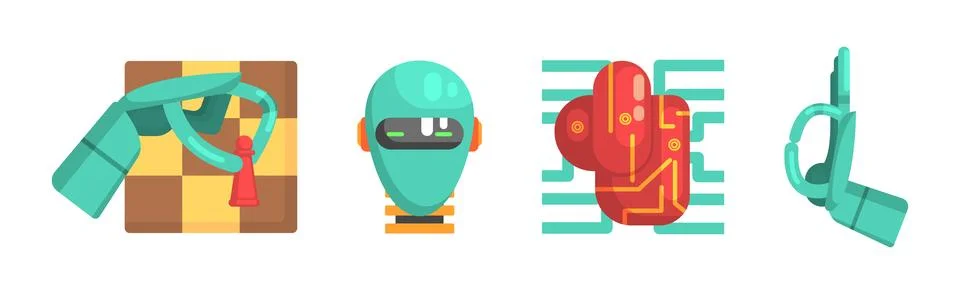 Artificial Intelligence Flat Icon and Robotic Object Vector Set 스톡 일러스트