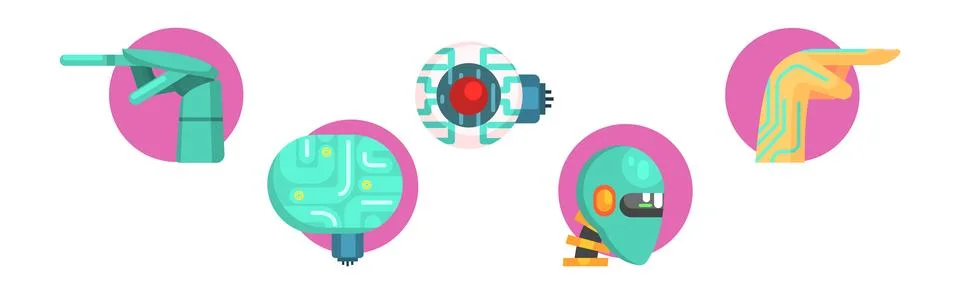 Artificial Intelligence Flat Icon and Robotic Object Vector Set 스톡 일러스트