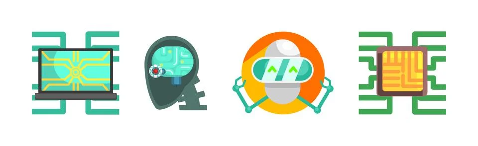 Artificial Intelligence Flat Icon and Robotic Object Vector Set Stock Illustration