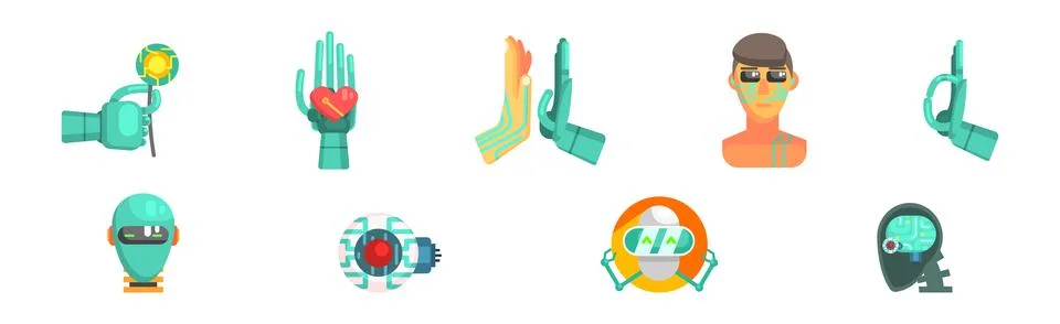 Artificial Intelligence Flat Icon and Robotic Object Vector Set 스톡 일러스트