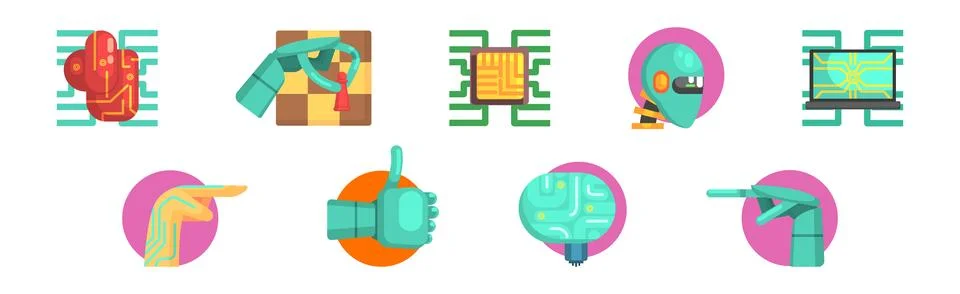 Artificial Intelligence Flat Icon and Robotic Object Vector Set 스톡 일러스트