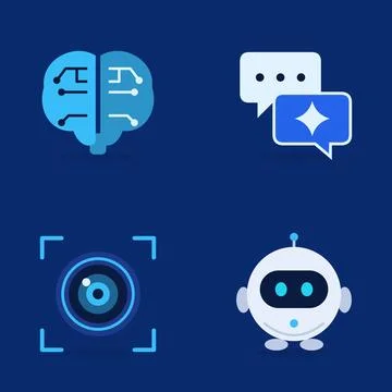 Artificial intelligence flat icon set with circuit brain, chat bubbles with Stock Illustration