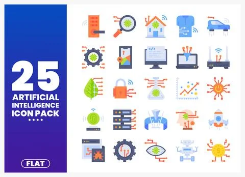 Artificial Intelligence Flat Icons in Colorful Grid 스톡 일러스트