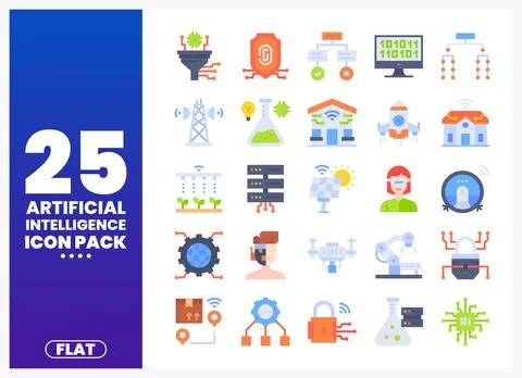 Artificial Intelligence Flat Icons Pack with Technology Symbols Stock Illustration