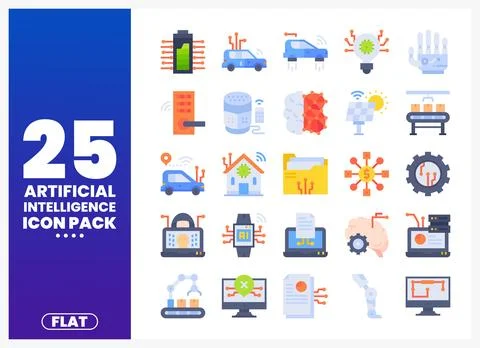 Artificial Intelligence flat icons pack in a grid layout. Stock Illustration