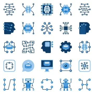 Artificial intelligence flat icons set. Vector AI symbols Stock Illustration