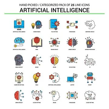 Artificial Intelligence Flat Line Icon Set - Business Concept Icons Design 스톡 일러스트