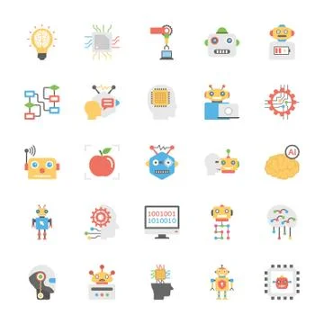 Artificial Intelligence Flat Vector Icons Set Stock Illustration