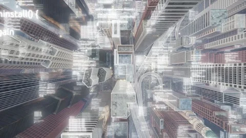 Artificial intelligence flies over the center of the metropolis, scanning and Stock Footage 258635816