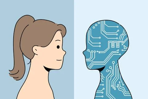 Artificial intelligence in form of silhouette in colors of computer board near 库存插图