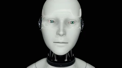 Artificial intelligence. Futuristic humanoid robot is activated, moves its head Stock Footage 143664953