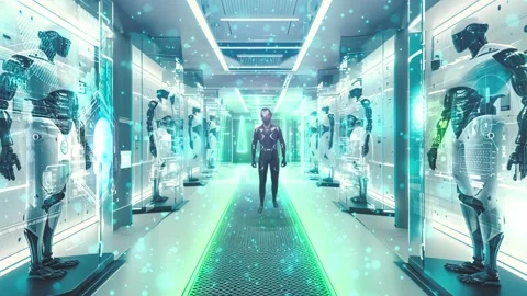 Artificial intelligence. Futuristic humanoid robot moves in futuristic Stock Footage 268788406