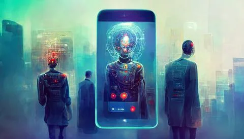 Artificial Intelligence with Futuristic Smartphone Interface in a Cyber World Stock Illustration