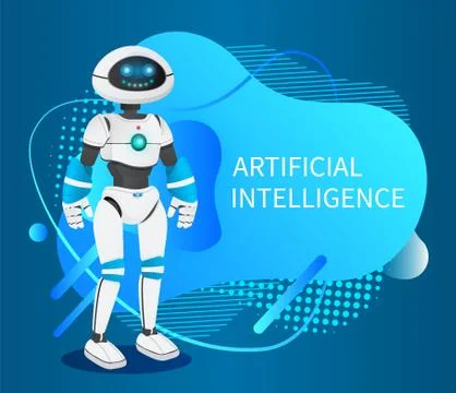 Artificial intelligence, futuristic smiling humanized robot at abstract blue Stock Illustration