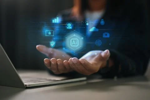 Artificial intelligence of futuristic technology concept. Businesswoman holding Foto stock