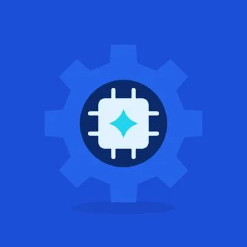 Artificial intelligence gear icon with processor chip and sparkle on blue 库存插图