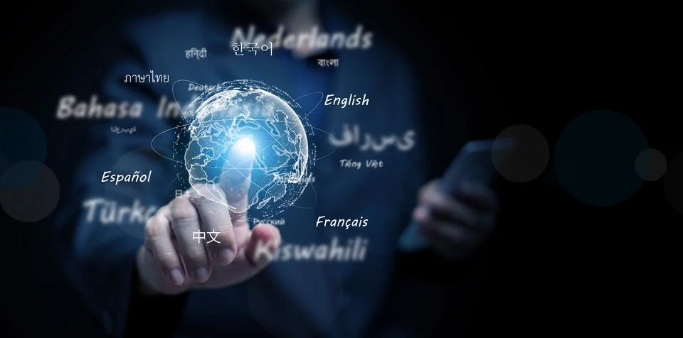 Artificial intelligence global communication concept showing businessman to.. Stock Photos