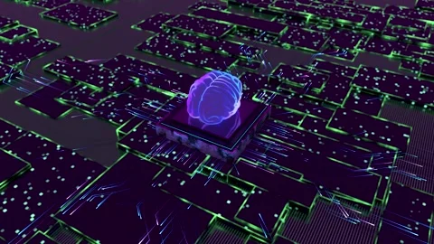 Artificial intelligence glowing brain processing data on a computer chip. 3d Stock Footage 346373266