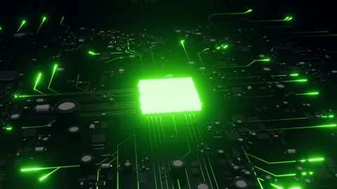 Artificial intelligence glowing green cpu data processing. 3d animation Video stock 346373296
