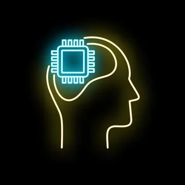 Artificial intelligence glowing microchip in human head neon Stock-Illustration