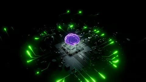 Artificial intelligence glowing purple brain on a cpu processor. 3d animation Video stock 346373284