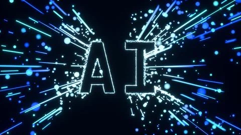 Artificial Intelligence glowing words in bursts of blue particles Stockillustratie