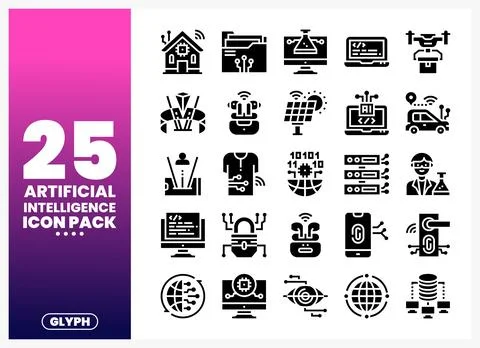 Artificial intelligence glyph icons arranged on a white background 스톡 일러스트