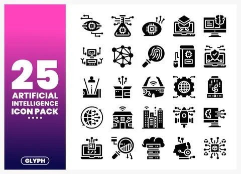 Artificial intelligence glyph icons depicting technology and innovation. pr.. Иллюстрация