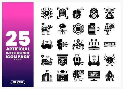 Artificial Intelligence glyph icons in a digital art style. Various AI conc.. Stock Illustration