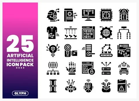 Artificial intelligence glyph icons on a gradient background Stock Illustration