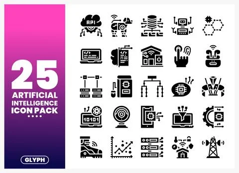 Artificial Intelligence Glyph Icons on Gradient Background Illustrazione stock