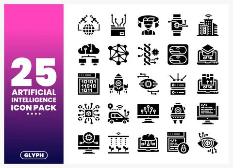 Artificial Intelligence Glyph Icons Pack for Technology Concepts Illustrazione stock