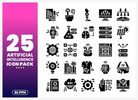 Artificial Intelligence glyph icons presented on a gradient background Stock Illustration