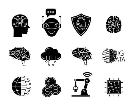 Artificial intelligence glyph icons set 스톡 일러스트