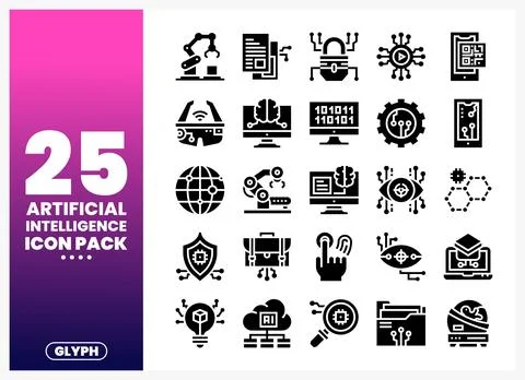 Artificial Intelligence Glyph Icons Set on White Illustrazione stock