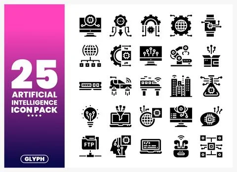 Artificial Intelligence Glyph Icons Set on White Background Stockillustratie