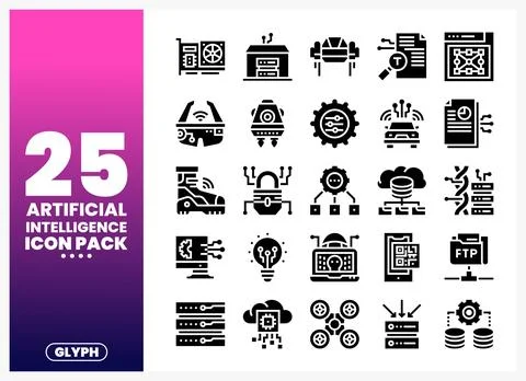 Artificial intelligence glyph icons set with technology themes. Digital inn.. Stock Illustration