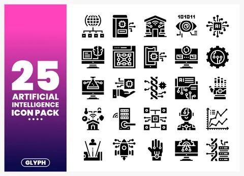 Artificial Intelligence Glyph Icons Set on White Background Stock Illustration