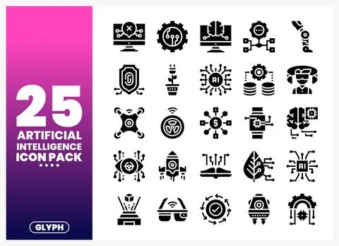 Artificial Intelligence Glyph Icons Set on White Background Stock Illustration