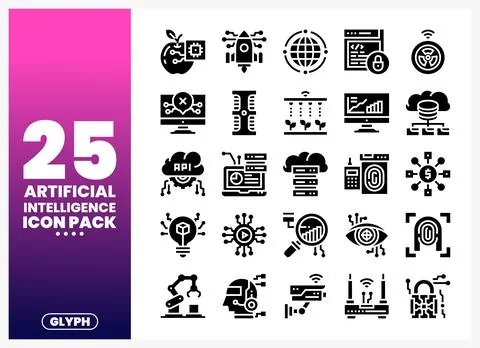 Artificial Intelligence Glyph Icons with Technology and Data Symbols Stockillustratie