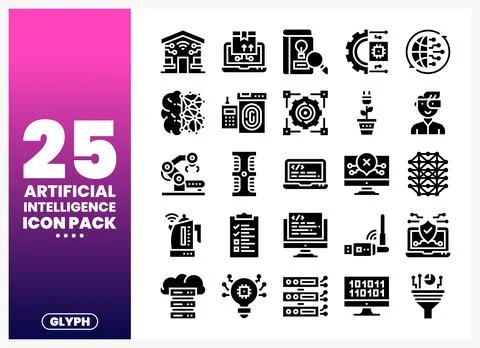 Artificial Intelligence glyph icons on white background 库存插图