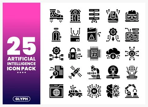 Artificial Intelligence glyph icons on a white background. Illustrazione stock