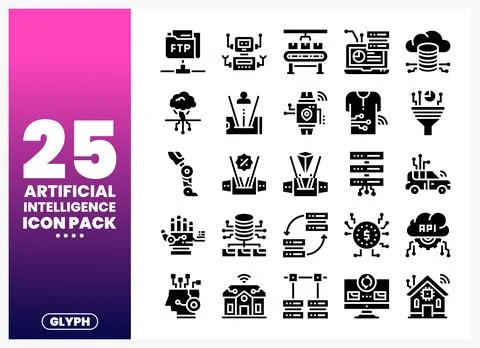 Artificial Intelligence glyph icons on a white background Stock Illustration