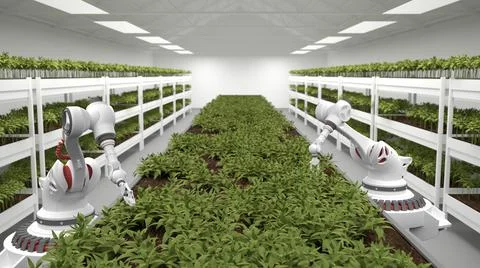 Artificial intelligence grows fresh herbs and vegetables. Healthy eating Stock Illustration