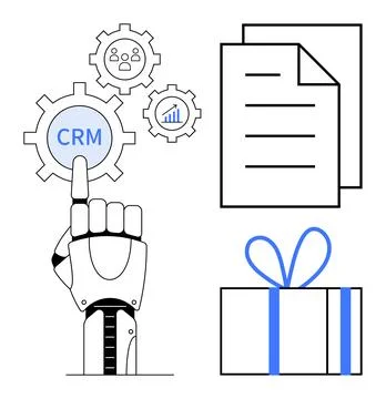 Artificial Intelligence Hand Interacting with CRM Icon and Business Elements 스톡 일러스트