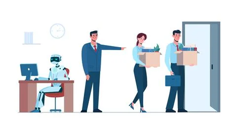 Artificial intelligence has replaced humans, they lost her job due to robotics Stock Illustration