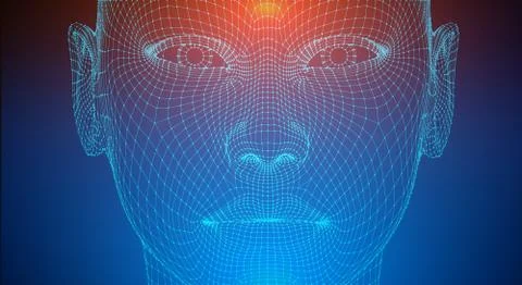 Artificial intelligence head, city human and innovations sciences fictions Stock-Illustration