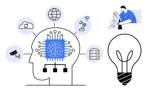 Artificial Intelligence Head with Digital Brain and Usage in Various Techno.. Stock Illustration